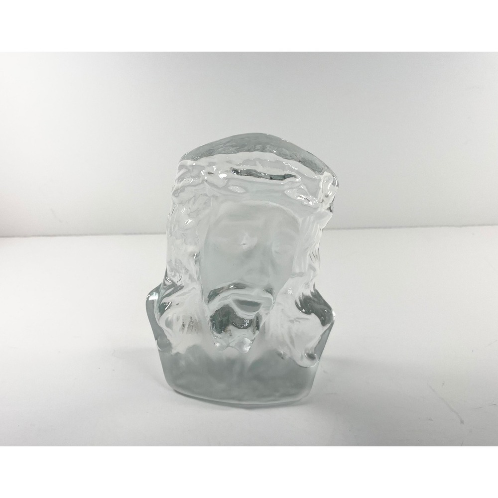 Vintage Viking Glass Jesus Clear Frosted Glass  Bust‎ Paperweight Sculpture